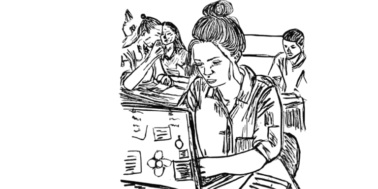 Drawing of a woman working in a busy environment