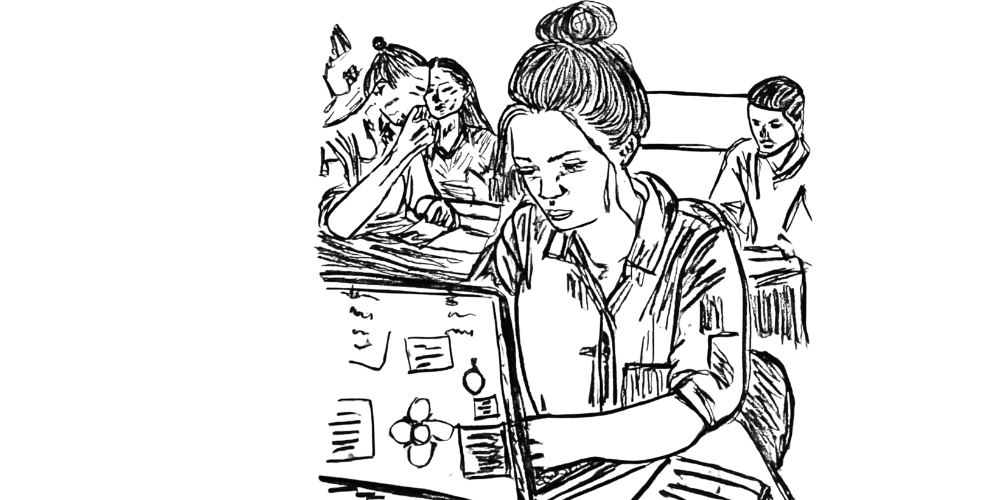 Drawing of a woman working in a busy environment