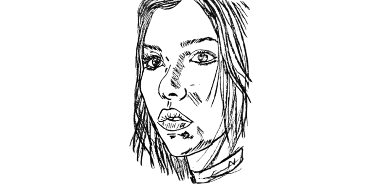 “Black and white line drawing of a woman staring blankly, symbolizing overthinking and lost confidence”