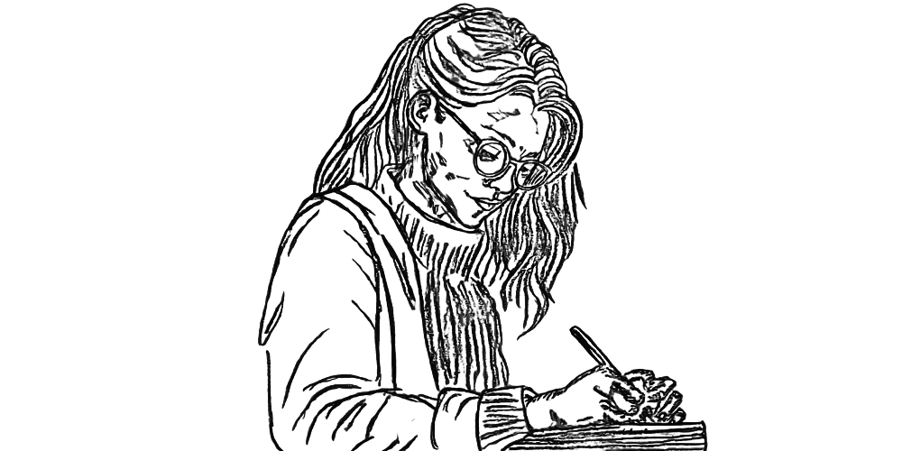 Sketch of a woman journaling with care, symbolizing emotional healing and self-compassion.