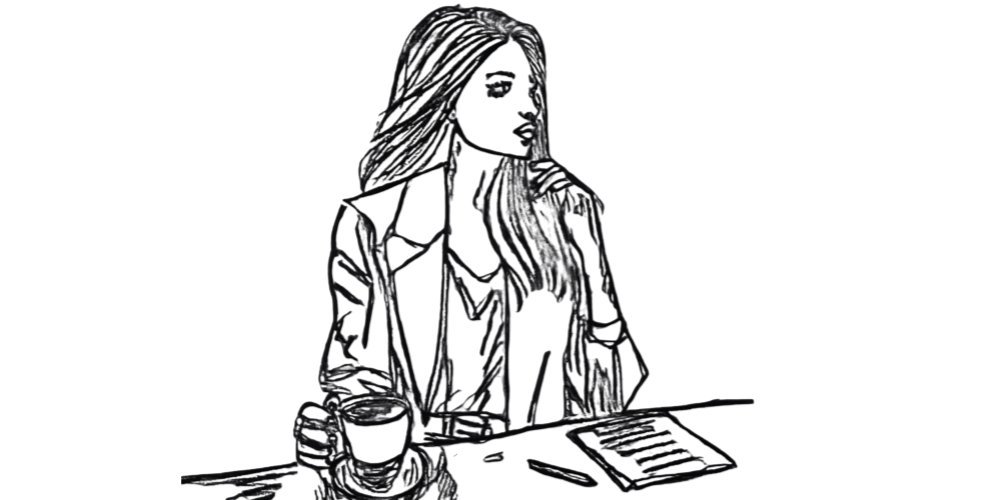 Woman writing alone, eyes down, soft light