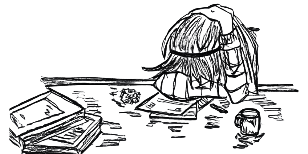 Woman journaling with books and tea around her