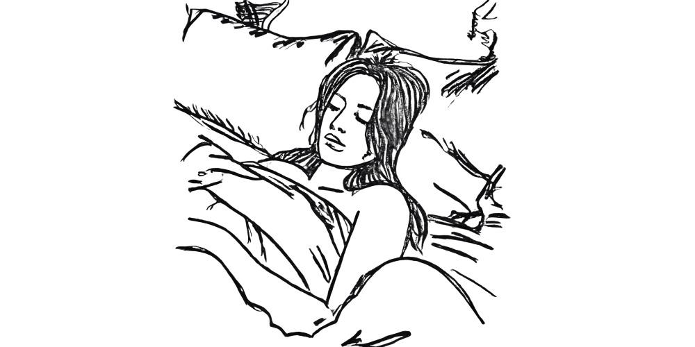 Tired woman resting peacefully under a blanket — you don’t need to be productive to deserve rest.