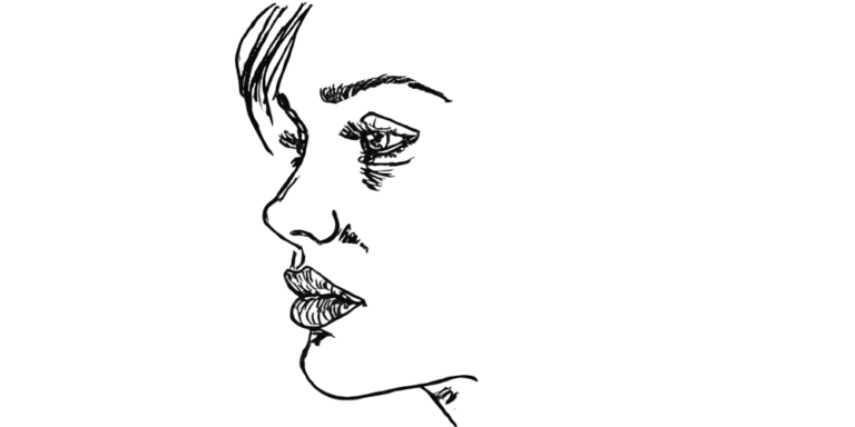 Black-and-white line drawing of a thoughtful woman, illustrating reflection and emotional closeness after an argument.
