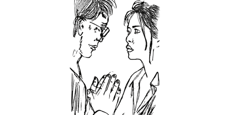 Line art of two people sitting quietly, one listening with empathy, reflecting emotional presence without offering solutions — from the article “The First Time I Listened Without Fixing”