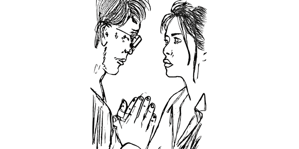 Two people sitting quietly, one listening with empathy