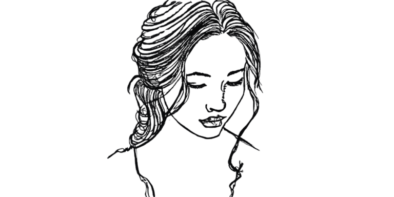Emotional line drawing of a woman looking down, representing how silence feels safer than speaking