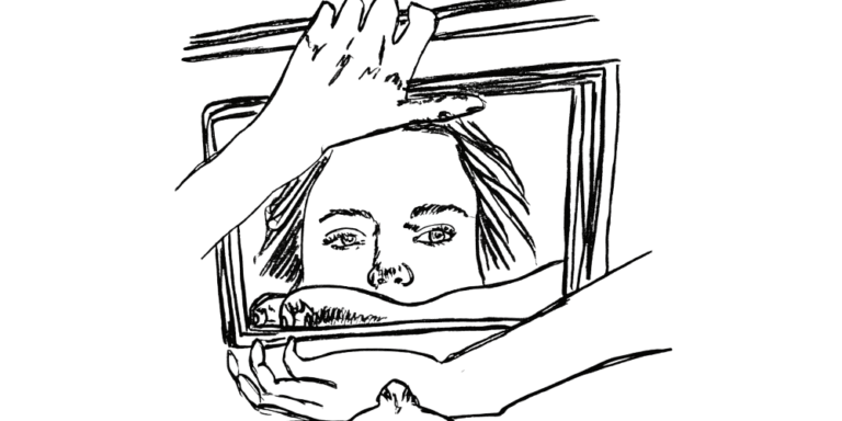 A person holding a mirror, facing their own conflicted expression — symbolizing inner conflict and guilt from social conditioning.