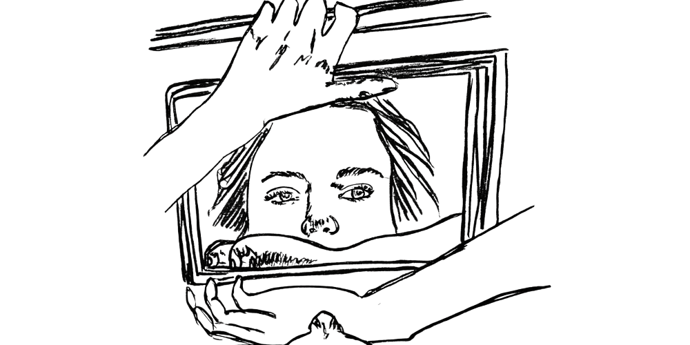 A person holding a mirror, facing their own conflicted expression — symbolizing inner conflict and guilt from social conditioning.