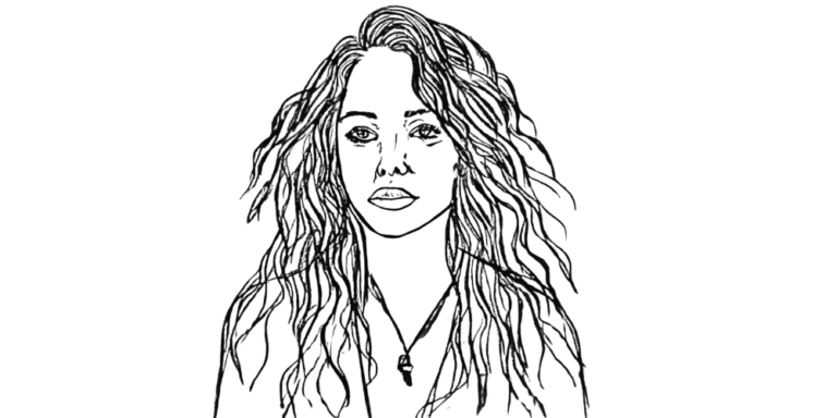 hand-drawn portrait of a silent woman with long hair, eyes open