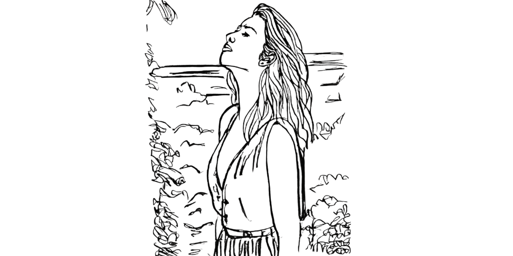 A woman standing still with eyes closed, breathing in deeply, surrounded by nature.