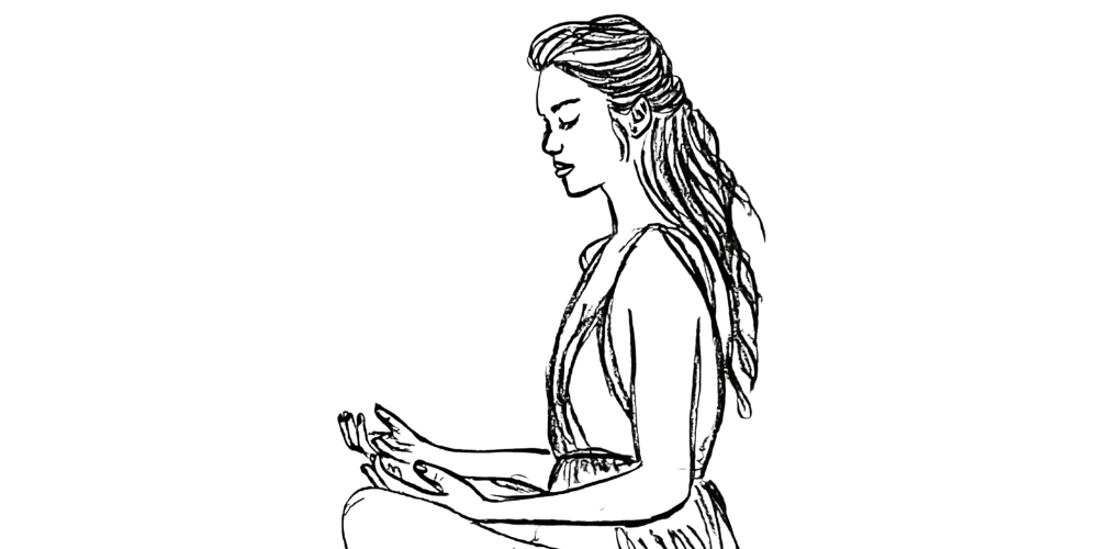 A calm woman sitting cross-legged in meditation, hands open in her lap, immersed in silence.