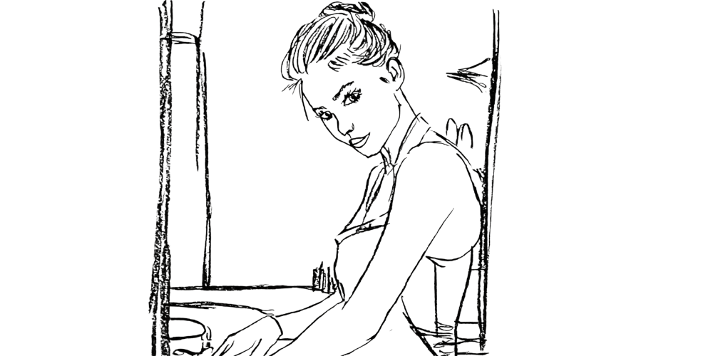 A woman near a window, turning inward in silent reflection.