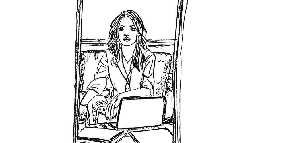 Line art of a woman sitting with a laptop, reflecting in silence before writing