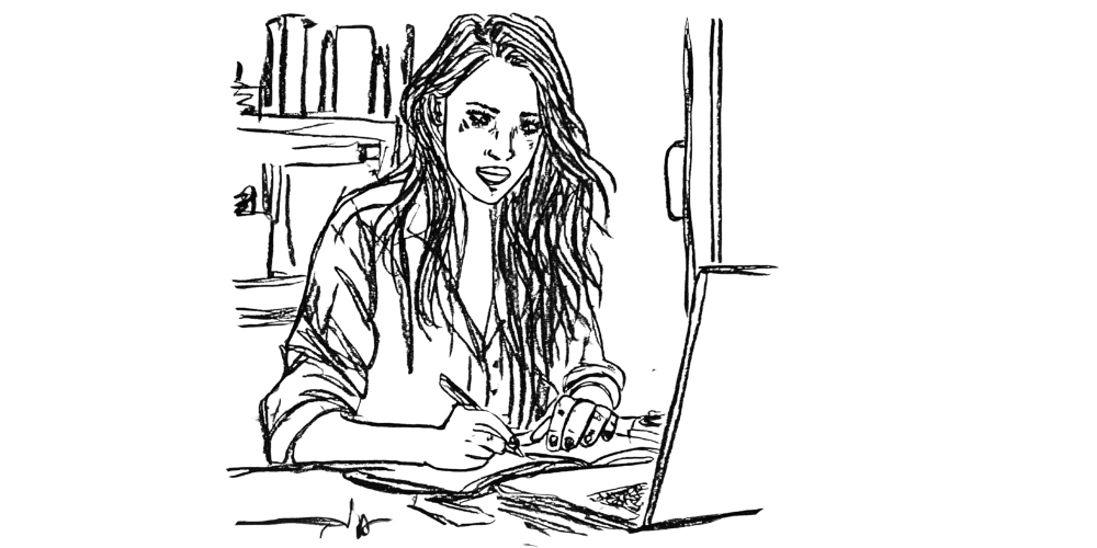 Line drawing of a woman writing in a notebook beside a laptop