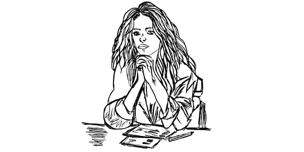 Line drawing of a woman resting her chin on her hands, deep in thought