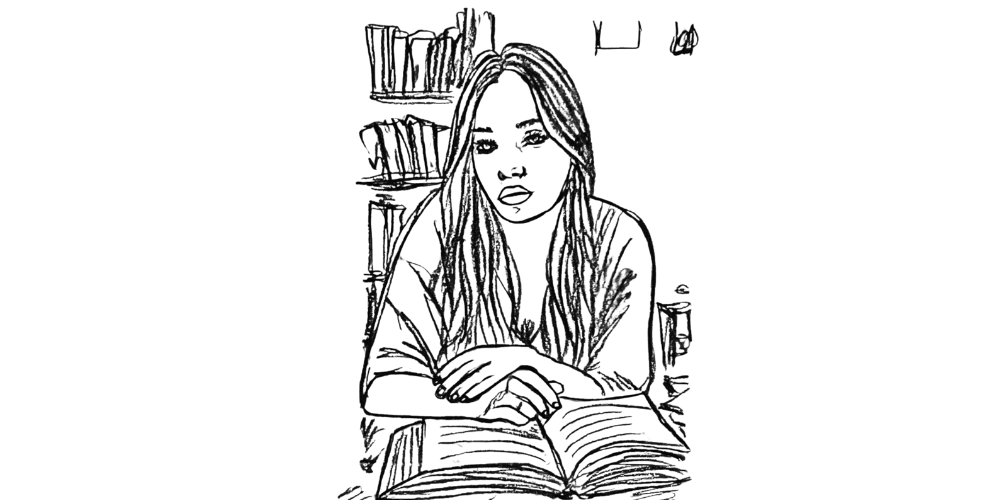Line art of a woman with an open book, sitting in a library setting