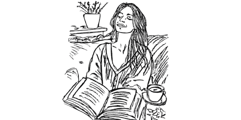 Line drawing of a relaxed woman reading a book with a coffee nearby