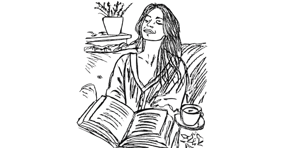 Line drawing of a relaxed woman reading a book with a coffee nearby