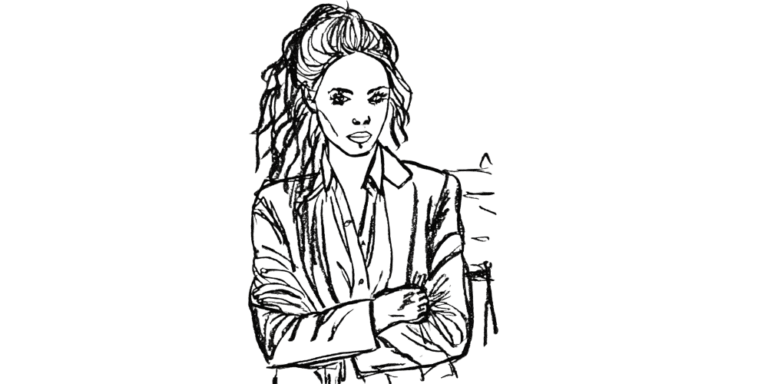 Line art of a woman standing with folded arms, holding deep emotions in silence