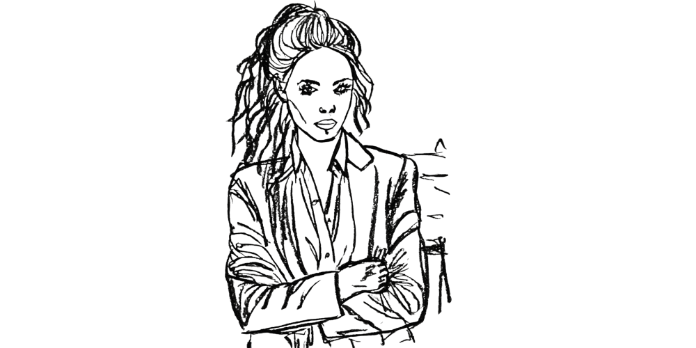 Line art of a woman standing with folded arms, holding deep emotions in silence