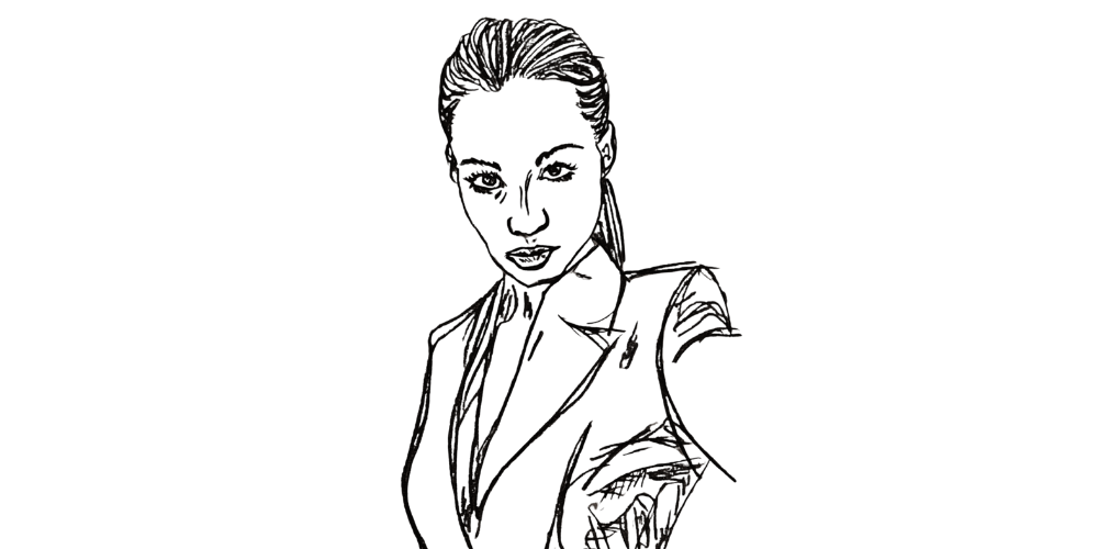 Line drawing of a woman in a blazer, looking directly with unspoken emotion