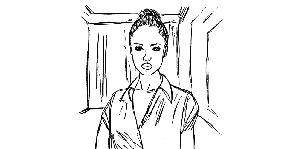 Line art of a woman standing in a doorway, composed yet inwardly reflective