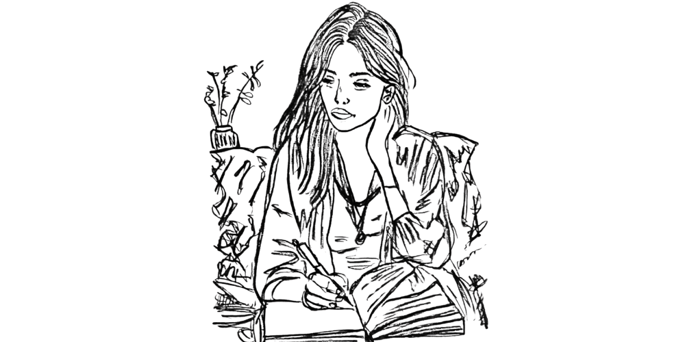 Line drawing of a woman seated with a pen, pausing before writing