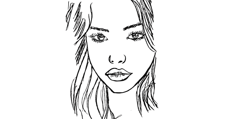 Close-up line drawing of a woman’s face, eyes holding unspoken emotion