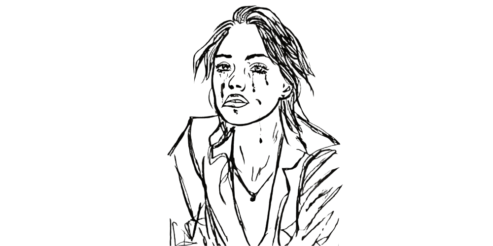 Minimalist line illustration of a person resting hands on knees in quiet reflection.