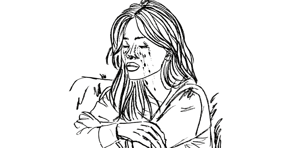 Line drawing of a woman with long hair, arms crossed, quietly crying in solitude.