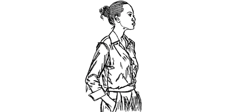 Line drawing of a woman standing in profile, hands in pockets, reflecting on unspoken emotions.