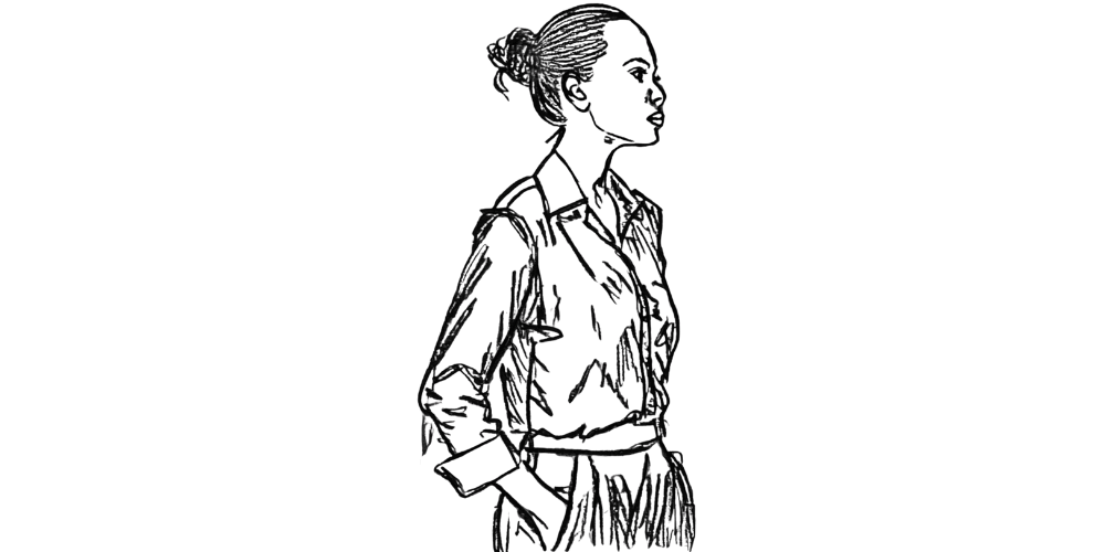 Line drawing of a woman standing in profile, hands in pockets, reflecting on unspoken emotions.