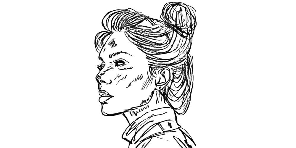 Detailed line drawing of a woman’s face in profile, lost in thought and quiet awareness.