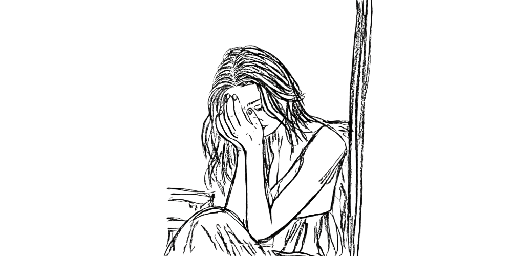 Line drawing of a woman sitting with her head in her hands, feeling emotions deeply before understanding them.