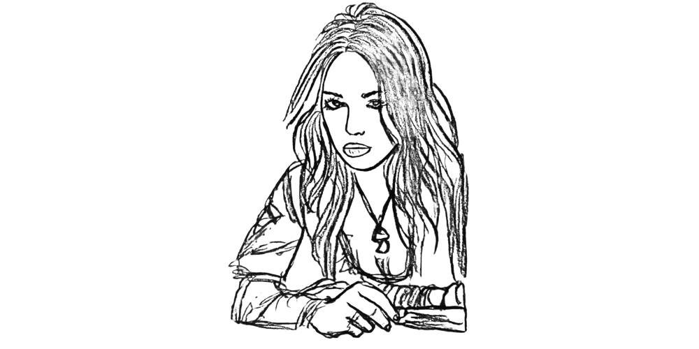 Line drawing of a woman sitting at a table, hands resting, reflecting on her feelings.