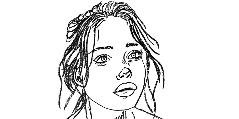 Line drawing of a young woman looking forward, representing kindness toward the past self.