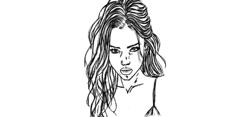 Black and white line art of a woman with loose hair, staring intensely, symbolizing silent resilience and unspoken strength.
