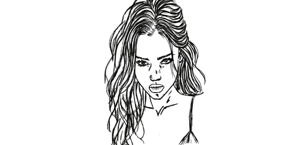 Black and white line art of a woman with loose hair, staring intensely, symbolizing silent resilience and unspoken strength.