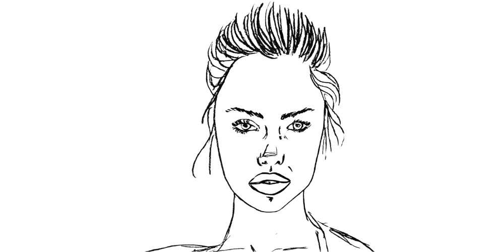 Black and white line art of a woman with hair tied up, looking straight ahead, representing focus and contained emotions.