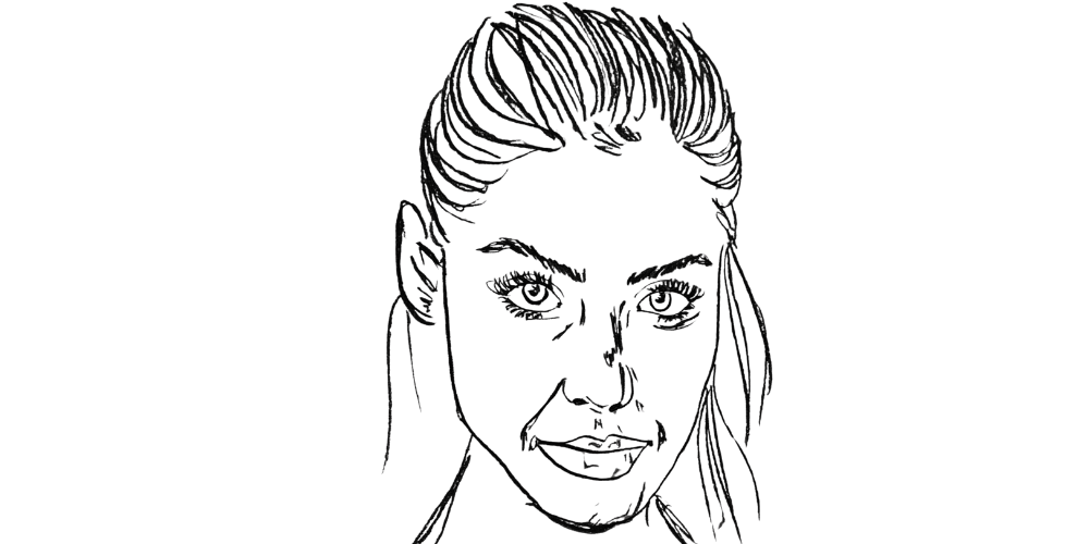 Black and white sketch of a woman with sleek pulled-back hair, offering a calm yet strong expression.