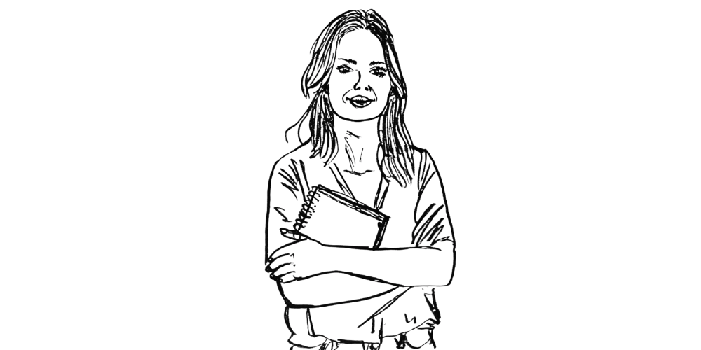 Black and white line art of a woman holding a notebook close to her chest, arms crossed, symbolizing self-protection and private thoughts.