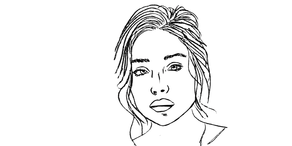 Black and white portrait sketch of a woman with soft loose hair, looking calm yet distant, representing quiet endurance.