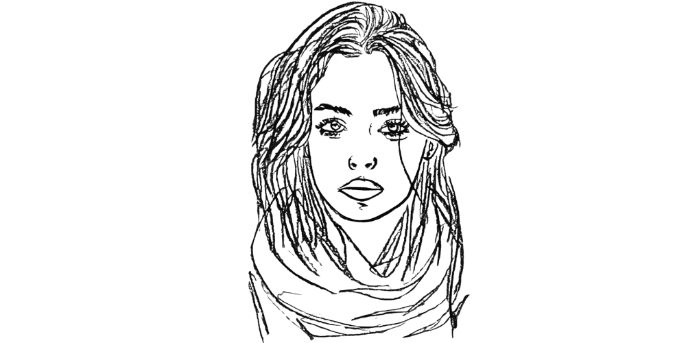 Black and white line art of a woman with loose hair, representing silent boundaries self-care and unspoken strength.