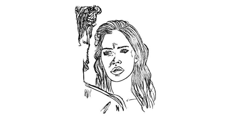 Black and white sketch of a woman with tied hair, looking ahead with calm focus, symbolizing drawing a quiet line