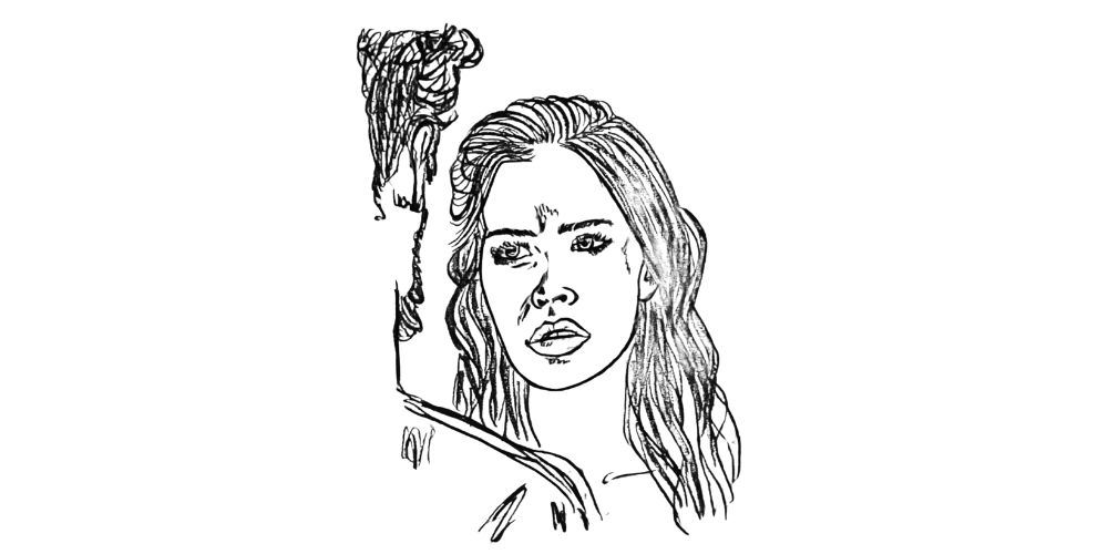 Black and white sketch of a woman with tied hair, looking ahead with calm focus, symbolizing drawing a quiet line.