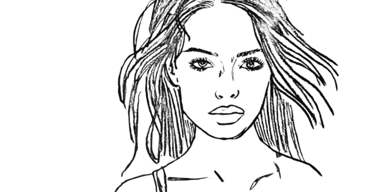 Hand-drawn woman with hair flowing back, representing returning to the breath.