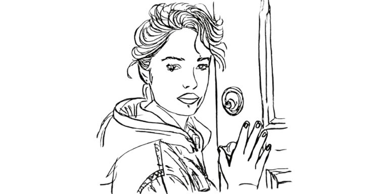 Hand-drawn illustration of a woman standing at a doorway, symbolizing hesitation before entering.