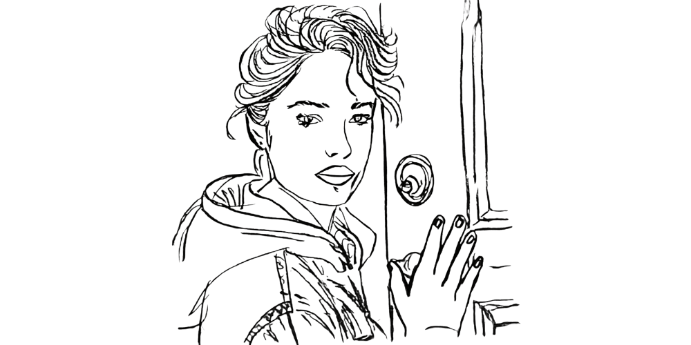 Hand-drawn illustration of a woman standing at a doorway, symbolizing hesitation before entering