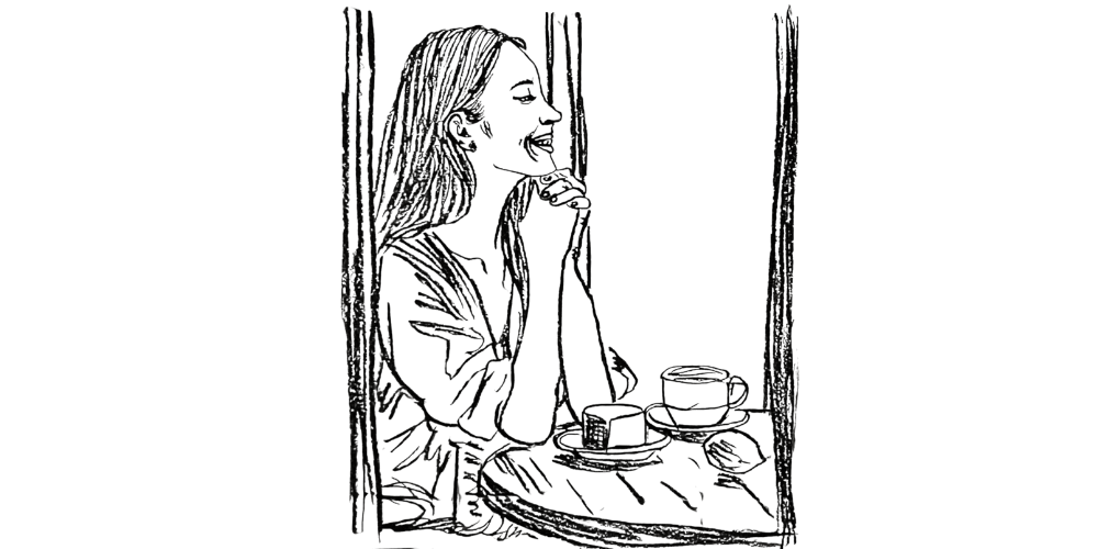 Hand-drawn sketch of a relaxed woman smiling while holding a cup of coffee, symbolizing mindful rest